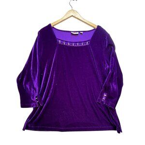 Quacker Factory Velvet Blouse Womens XL Purple 3/4 Sleeve Rhinestone Square Neck